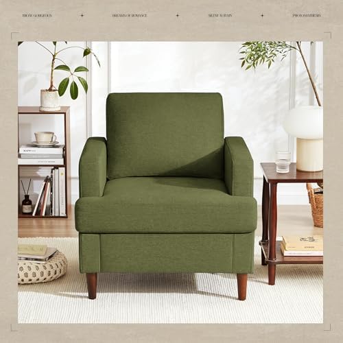 Weture Mid-Century Accent Chair, Comfy Upholstered Reading Accent Chairs for Bedroom, Modern Linen Fabric Armchair for Living Room, Single Sofa Chair with Wood Legs (Green, 2 Pack)