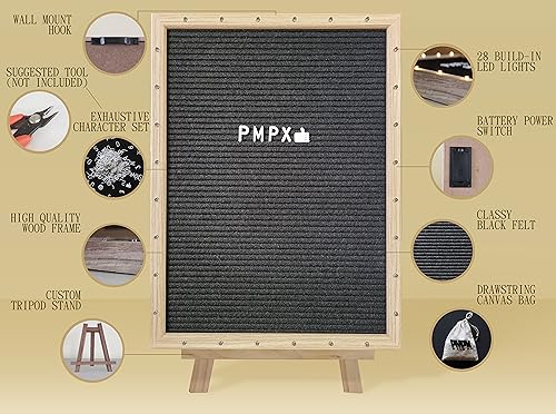 Letter Board THE ORIGINAL Black Felt Board with Stand, Built-in LED Lights 12 x 16 -Menu Board + Wood Frame, 690 Letters, ...