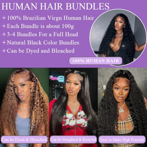 Deep Wave Human Hair Bundles 12A Brazilian Virgin Human Hair Bundles 18 20 22 Inch Wet and Wavy Curly Bundles Human Hair Extensions for Black Women Natural Black Color