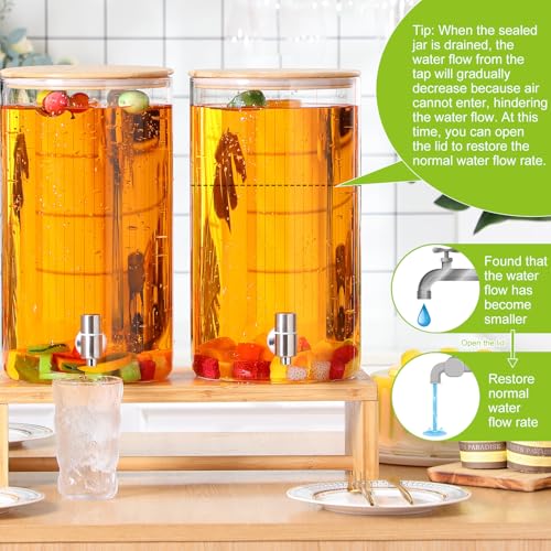Honeydak 2 Pack 1.5 Gallon Glass Drink Dispensers for Parties, Beverage Dispenser with Stand Stainless Steel Spigot Bamboo...