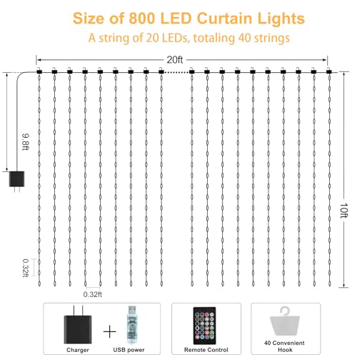 CCILAND Smart 800LED Curtain Lights 20Ft x 10Ft with App Programmable, Color Changing Dynamic Curtain String Lights Music ...