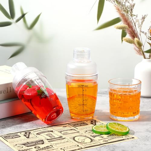12 Pcs Plastic Cocktail Shaker Drink Mixer with Scales and Strainer Top Clear Shaker Cup with Measurement Plastic Bar Mixi...