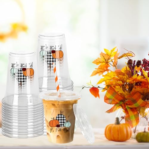 JarThenaAMCS 50Pcs Fall Plastic Cups with Lids and Straws Black White Plaid Pumpkin Clear Plastic Cups 12oz Pumpkin Dispos...