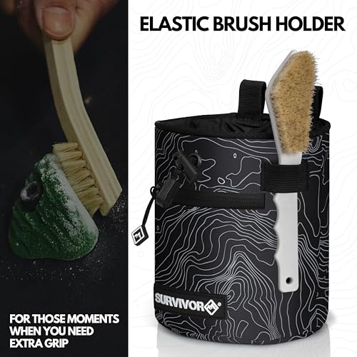 Chalk Bag + Refillable Chalk Ball - Iconic Topographical Map, Draw String Closure, 2 Zippered Pockets, & Brush Holder - Cl...