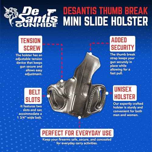 DeSantis Thumb Break Mini Slide Holster- Leather Holsters for Pistols, OWB Holster Compatible with SIG Sauer P365, P365 XL, P365 SAS, P365 XL w/ ROMEO ZERO, P365X w/ ROMEO ZERO - Left Hand Draw, Black