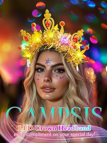 Campsis Light Up Glow Crown Headband Sparkly Gold Headpiece Halloween Costume Headwear Rave Hair Accessories for Women