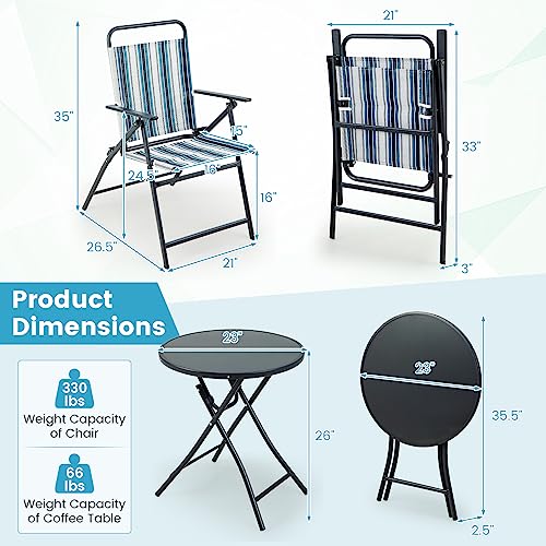 Tangkula 3 Piece Folding Table and Chairs for Outside, Outdoor Dining Chair Set with Heavy-Duty Metal Frame, Portable Pati...