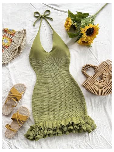 GORGLITTER Women's Crochet Halter Bubble Mini Dress Bow Backless Summer Bodycon Knit Dress Vacation Festival Outfits