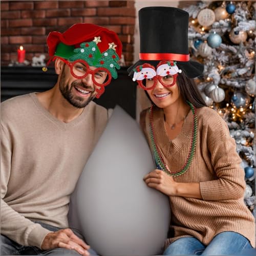 21 Pcs Funny Christmas Party Photo Booth Props Kit - Includes 6 Christmas Hats, 6 Xmas Glasses, 6 Festive Necklaces, White...