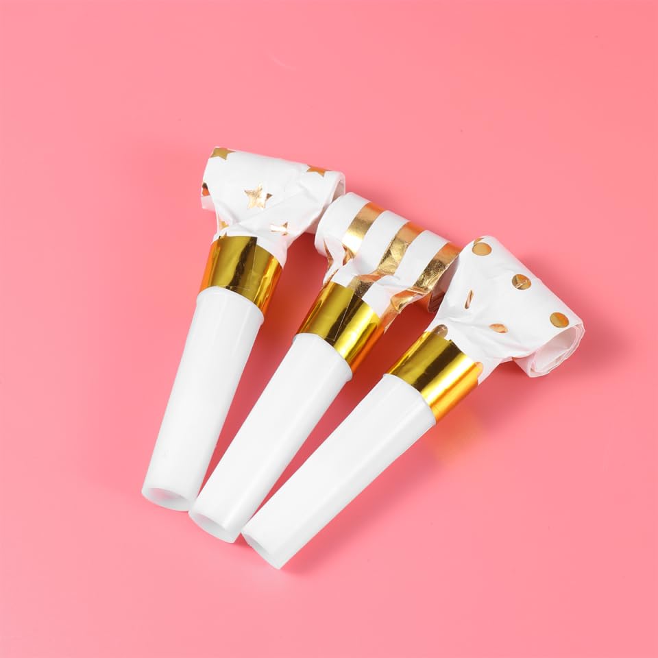 Angoily Party Blowers for Kids, 30pcs Party Blowers Noisemakers, Creative Whistles Gold Hot Stamping Noisemakers Portable ...