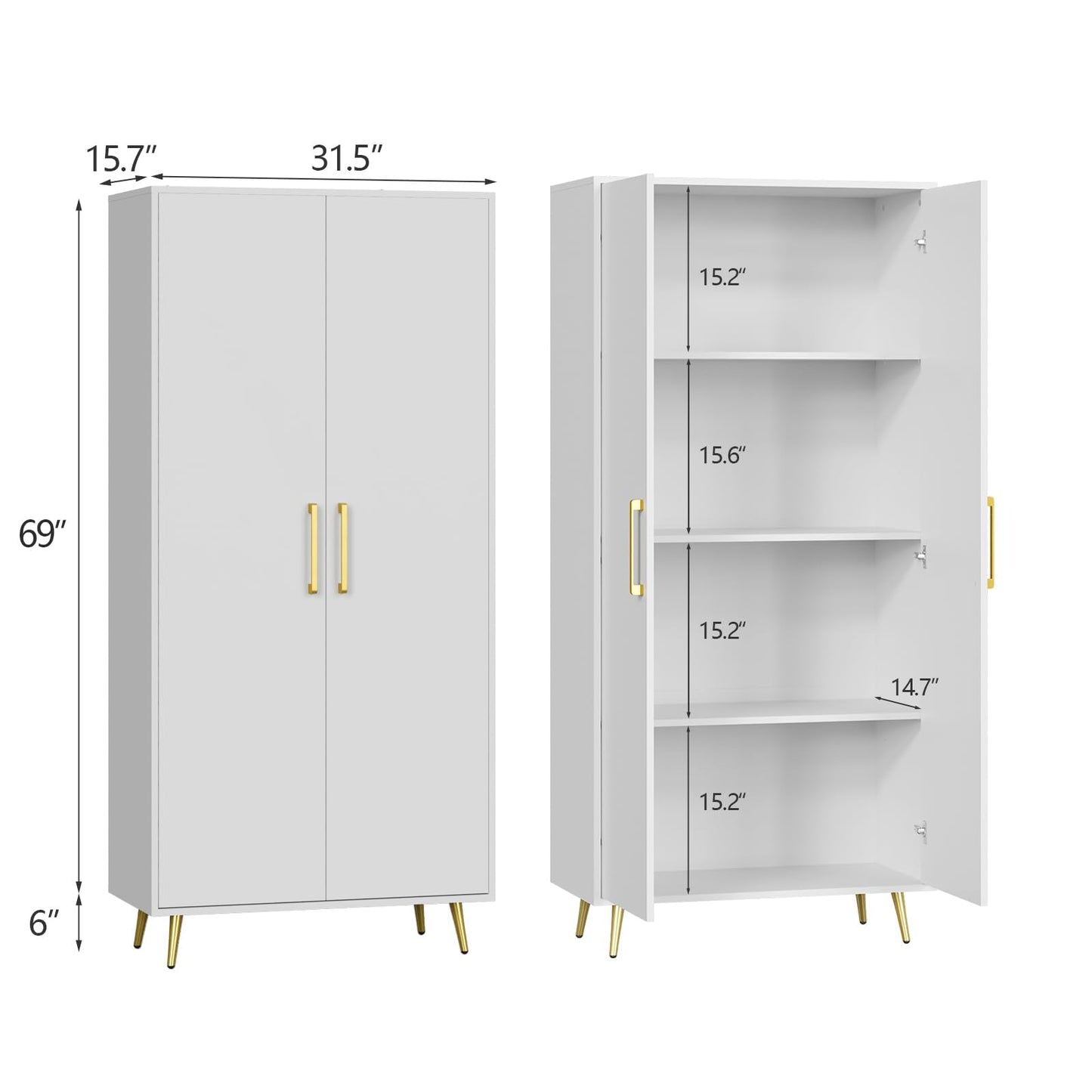 LYNSOM Tall Storage Cabinet, Freestanding Kitchen Pantry Cabinet with Adjustable Shelf and Doors, Floor Storage Accent for Kitchen, Dining Room (White)