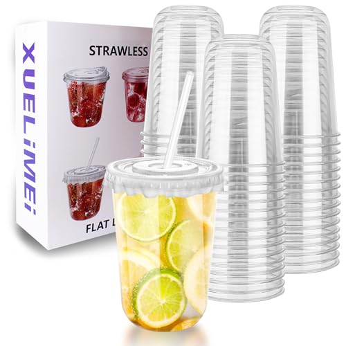 16oz Disposable Stemless Glasses with Flat Lids and Straws,PET Disposable Drinking Cups,Clear Plastic Wine Glasses for Par...