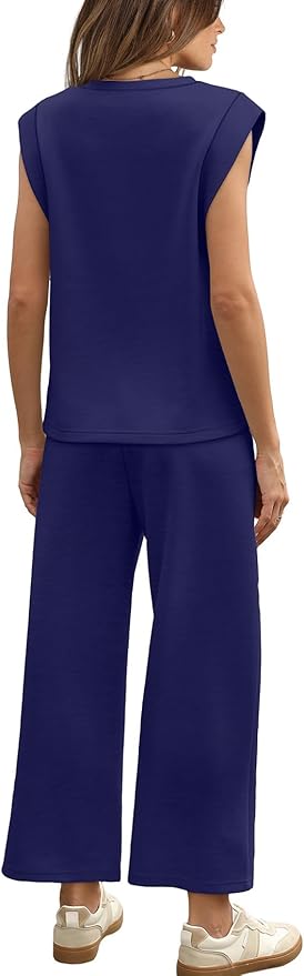WIHOLL 2 Piece Sets for Women Summer Lounge Sets Travel Vacation Outfits Cap Sleeve Sweatsuit Side Slit Wide Leg Pants S-3XL