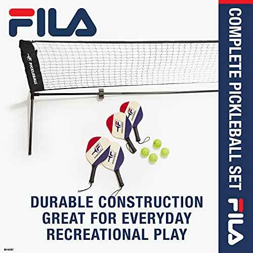 FILA Accessories Pickleball Net Set - Includes Pickleball Paddles Set of 4 with Regulation Size 4 Outdoor Balls & 10ft All Weather Mesh Net for Indoor or Outdoor Use - Lightweight, Quick & Easy Setup