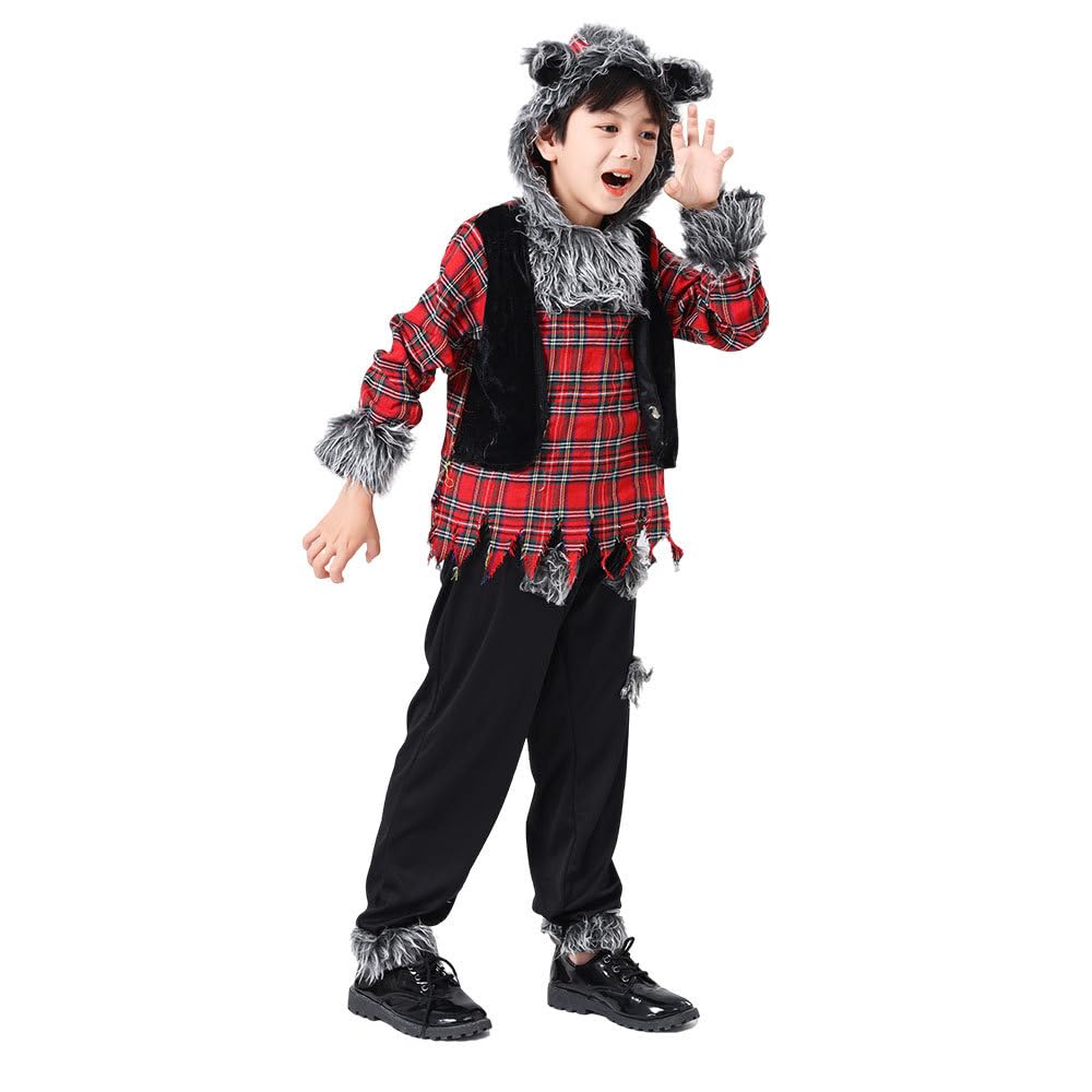 Biutiufiu Wild Wolfie Costume Hungry Howler Werewolf Halloween Costume for Boys Big Bad Wolf Dress Up Party (7-8 Years,Wolf)