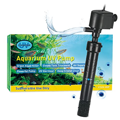 COOSPIDER Aquarium U-V Filter Green Clean Machine for 40-100 Gallon Fish Tank Crystal Clear 300GPH Submersible Water Pump ...