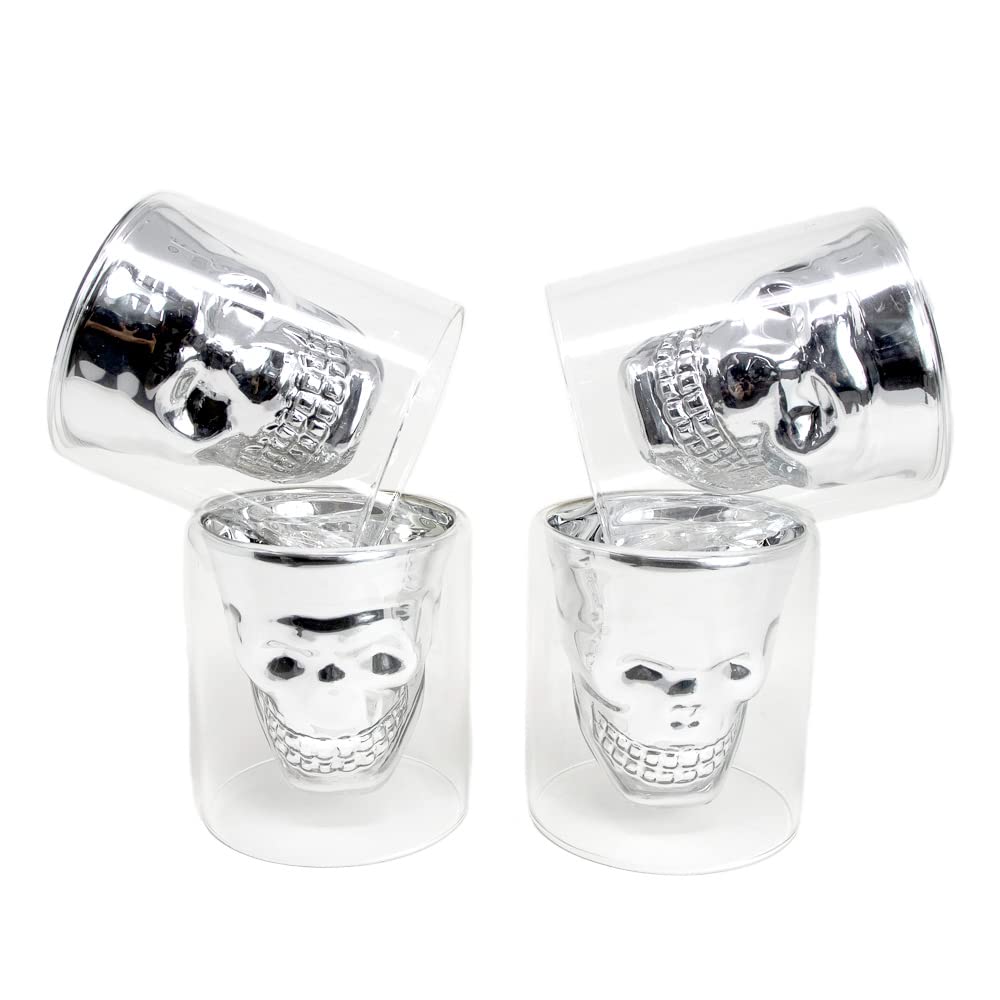 Set of 4 Double Wall Silver Skull Glasses