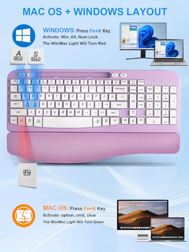 Wireless Keyboard and Mouse Combo, Wave Keys Computer Ergonomic Keyboard with Cushioned Plam Rest, Phone Holder, 2.4GHz Si...