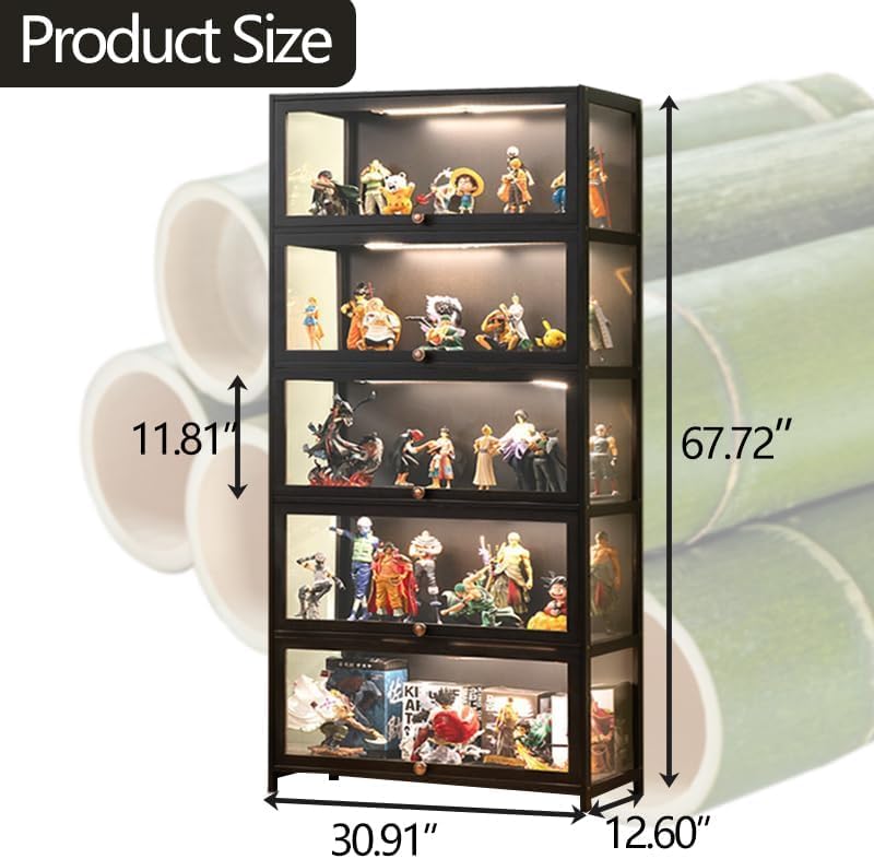 QOEUDD Curio Display Cabinet with Acrylic Glass Door, 5-Tier Display Case, Curio Cabinet & Bookcase for Collectibles, Display Shelf for Home, Reading Nook, Playroom, Living Room