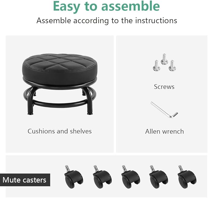 FURWOO Low Roller Seat PU Leather Rolling Stool with Wheels for Manicure, Mechanic,Home Office, Garage Shop Black