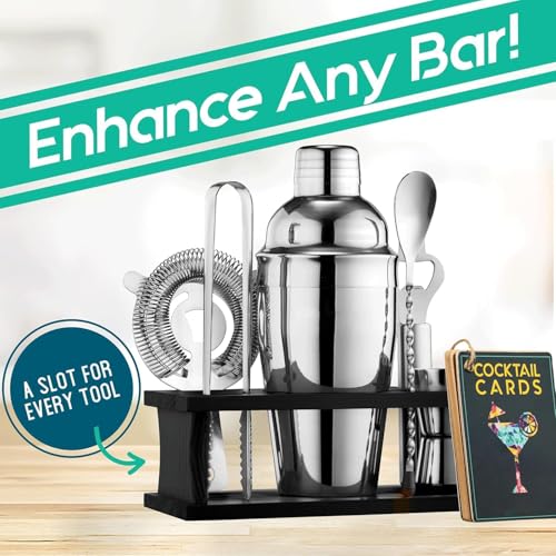 8-Piece Cocktail Shaker Set, Bartender Kit with Black Wood Stand, Stainless Steel Bar Tool Set for Drink Mixing Home Barte...