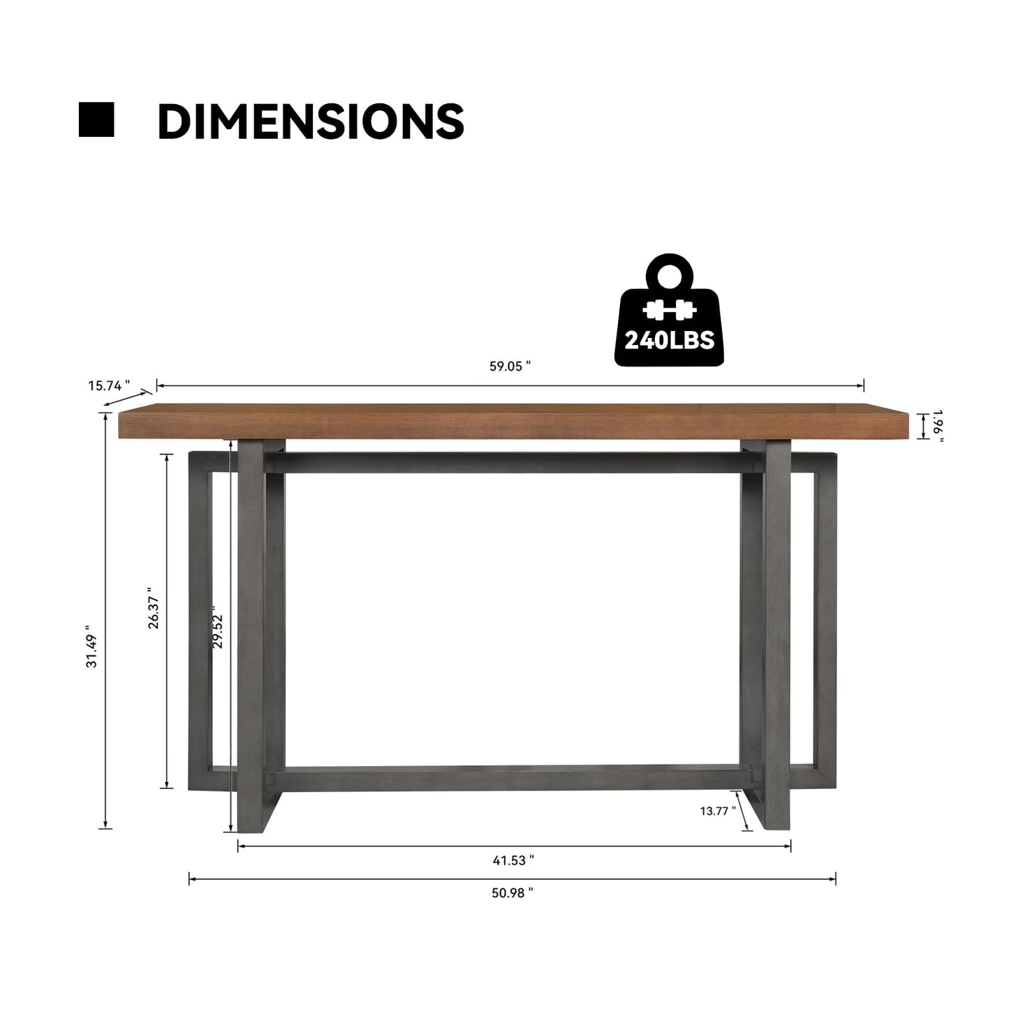 SZTHHDF 59.05'' Sofa Table for Living Room, Morden Console Table, Narrow Rectangle Solid Wood Entryway Table with Rubber Wood Legs for Hallway Kitchen Foyer (Brown+Grey)