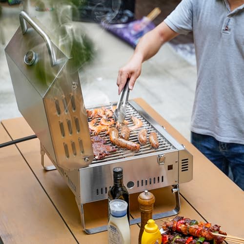 Onlyfire Tabletop Gas Grill 2 Burners and Grill Cover Bundle, 20" Stainless Steel Portable Propane Grill with Foldable Leg...