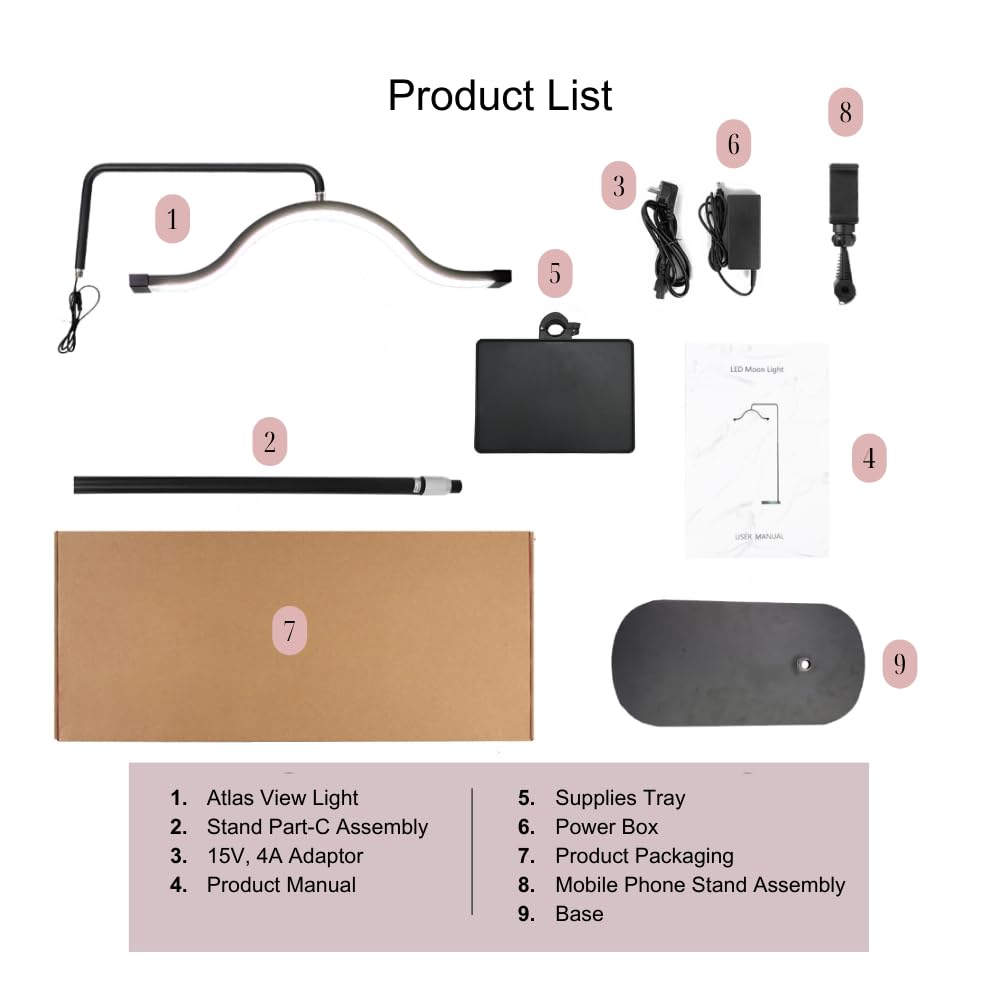 Half Moon Lash Light with Phone Holder for Filming & Content Creation | Dimmable LED Esthetician Light for Eyelash Techs - LED Floor Lash Lamp with Adjustable Height & Touch Control | Black