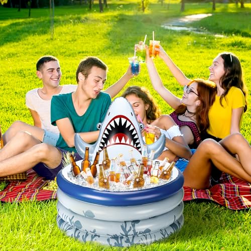 Bencailor Shark Party Decorations Summer Birthday Inflatable Cooler Blow Up Drink Cooler Reusable Floating Ice Chest Summe...