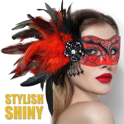 Masquerade Mask for Women Shiny Venetian Mask for Halloween Mardi Gras Costume Party Ball with Feather flower dec.