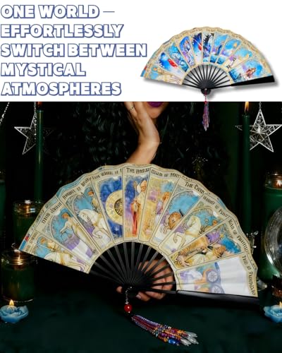 Juglok Oversized Folding Bamboo Tarot Hand Fan - Witchy Astrology Decor for Halloween, Rave Fan, Gypsy Costume, Fortune Te...