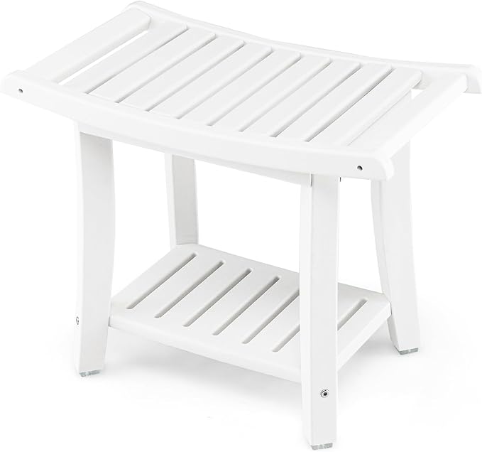 GOFLAME 2-Tier Shower Bench, Spa Bath Shower Stool with Curved Seat, 2 Easy-to-Grip Handles, Storage Shelf & Non-Slip Foot Pads, Waterproof Shower Chair for Bathroom, Living Room, Entryway, White