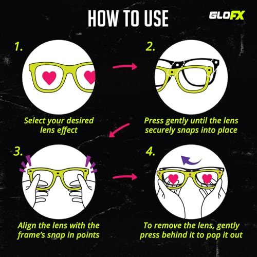 GloFX Snaps: Diffraction Rave Glasses | Black Magnetic Snap Frames with Line, Heart, and Star Lenses | 3D Prisms, Heart, a...