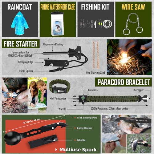 Survival Kit, 268 Pcs Emergency Survival Gear and Equipment Supplies with First Aid Kit, Camping Axe, Headlamp, Crossbody ...