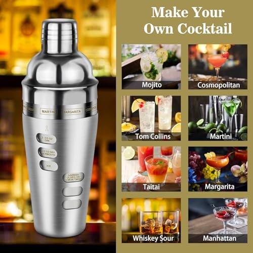Cocktail Shaker Martini Shaker Set with Recipe, 24 oz Martini Shaker Drink Shaker Drink Mixer Stainless Steel Cocktail Sha...