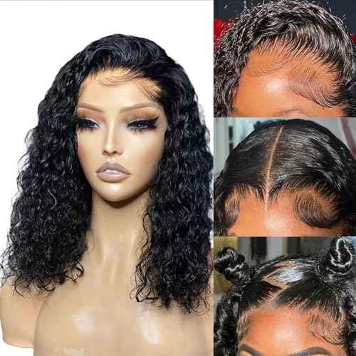 Caijuxing 13x6 Bob Wig Water Wave Bob Wigs Human Hair 13x6 Lace Frontal Wigs 200% Density Curly Bob Wig Human Hair Pre Plucked Deep Wave Wig for Black Women Natural Black (16 Inch)