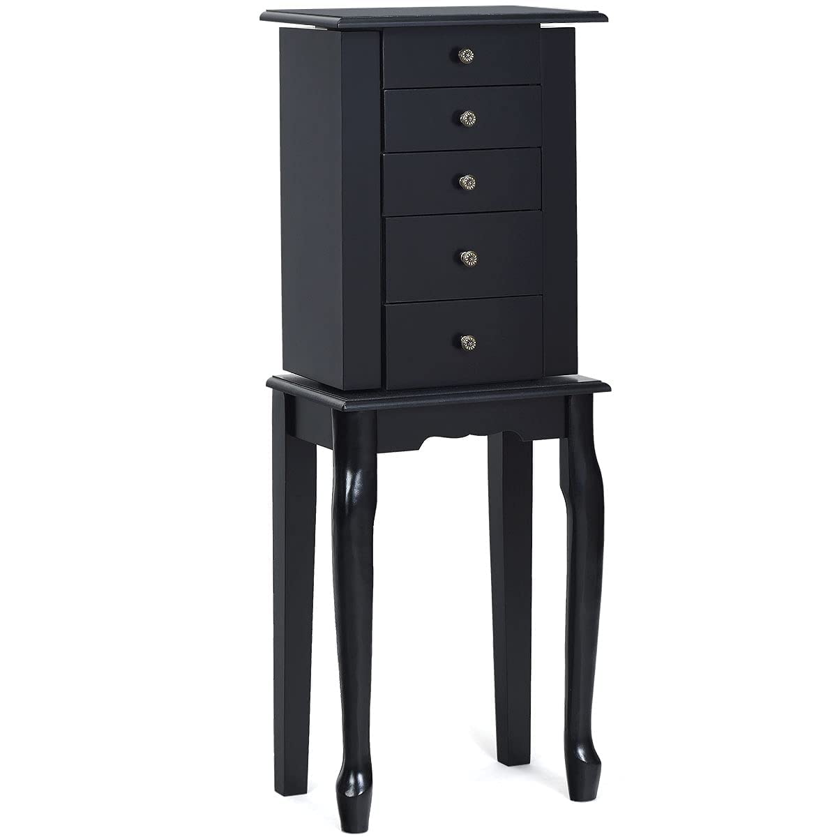 OFFICEJOY Jewelry Armoire Cabinet w/Top Flip Mirror, Wooden Jewelry Storage Chest w/ 4 Drawers, 2 Side Door, 8 Necklace Hooks, Standing Jewelry Organizer for Ring Necklace Bracelet (Black)