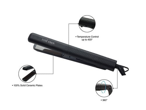 Jose Eber: 100% Pure Ceramic Flat Iron: Black - 1.25" Plates - Heat Temperature Control, Negative Ionic Technology, Professional Hair Straightener