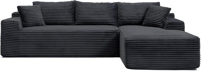 108" Cloud Sectional Couch,Modern Modular Sectional Sofa with Deep Seat,Corduroy Boneless Couches with L-Shape Chaise for Living Room,No Assembly Required (Black, Right Facing Chaise)