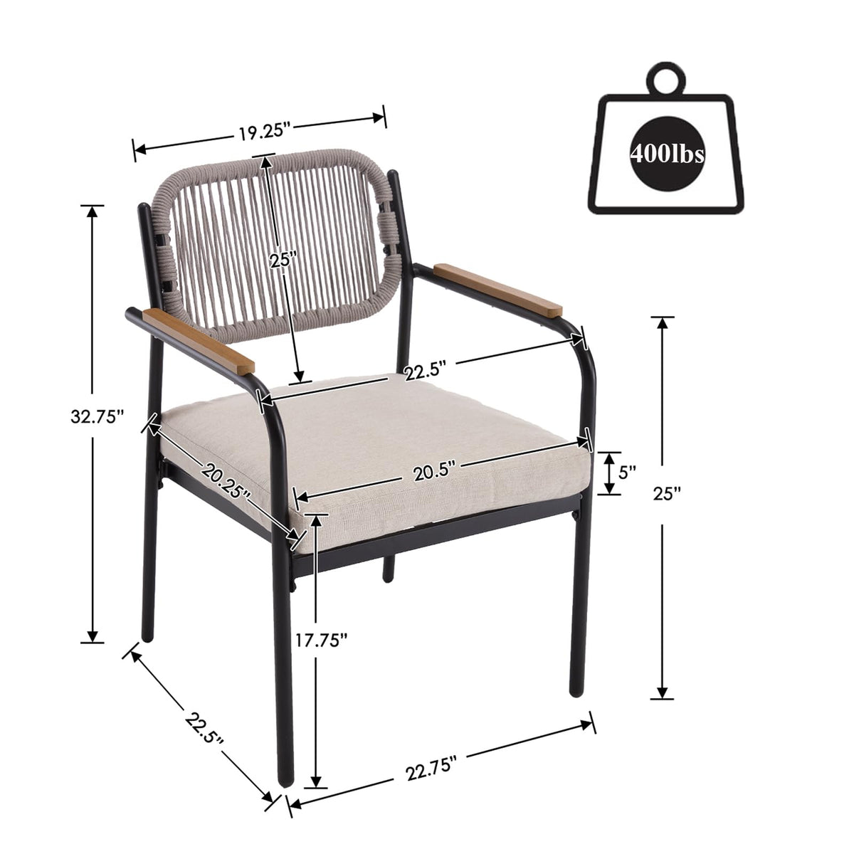DAYAOUTDOOR Patio Dining Chairs Set of 4, Modern Outdoor Dining Set with Contrasting Design, Rope Dining Chair with Armrest, Patio Kitchen Chairs Set, Patio Furniture for Porch, Deck, Poolside, Beige
