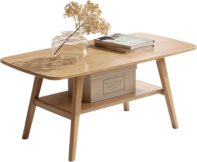 Wayshome 100% Solid Oak Wood Coffee Table for Living Room, 2-Tier Small Coffee Tables with Shelf Storage, Mid Century Modern Table with Rounded Corners (Natural, 39.37" x 19.68" x 17.32")