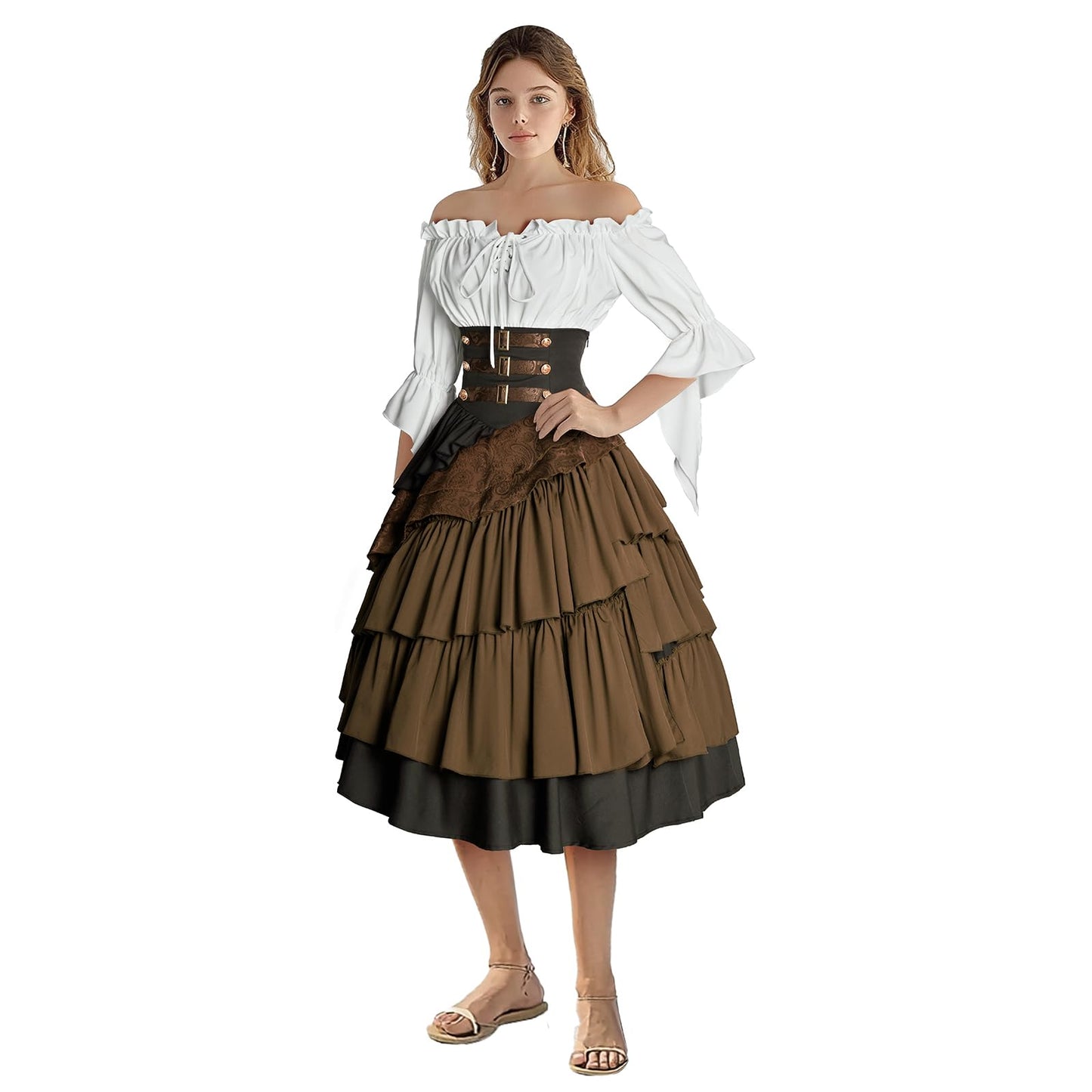 IWQBQ Women's Pirate Costume Retro Renaissance Cosutmes Women Layered Ruffle Viking Outfit Set(Z2886BNST,2XL)