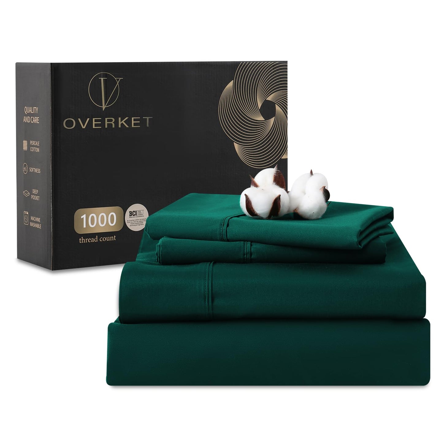 Overket 1000 Thread Count Egyptian Cotton Sheets Queen Size Set Sateen Weave Soft Breathable 16-Inch Deep Pocket 4PCS(Queen,Dark Green)