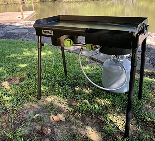 Bayou Classic Dual Patio Camp Stove w/Double Griddle Features Dual 6-in Cast Aluminum Burners 27-in Tall Cooker 13.5-in x ...