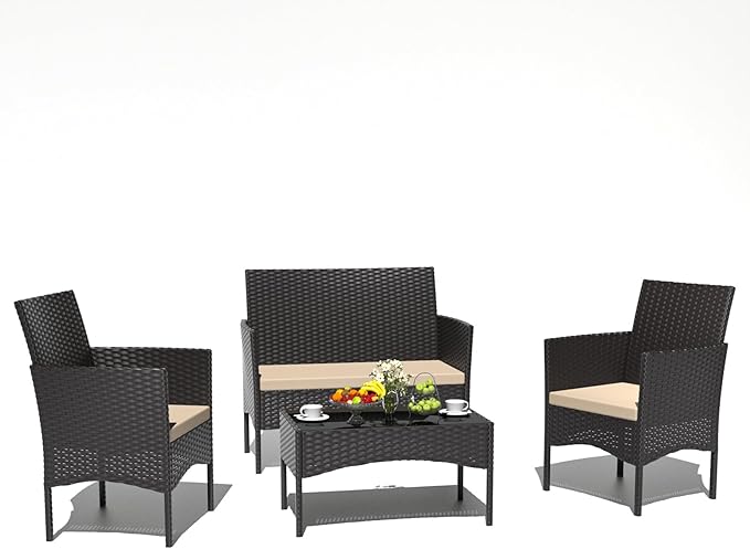ASJMR 4 Piece Patio Rattan Conversation Set, Outdoor Rattan Chair Wicker Furniture Set, Couple Seats and Tempered Glass Table,Comfort Seat for Patio, Pool or Backyard