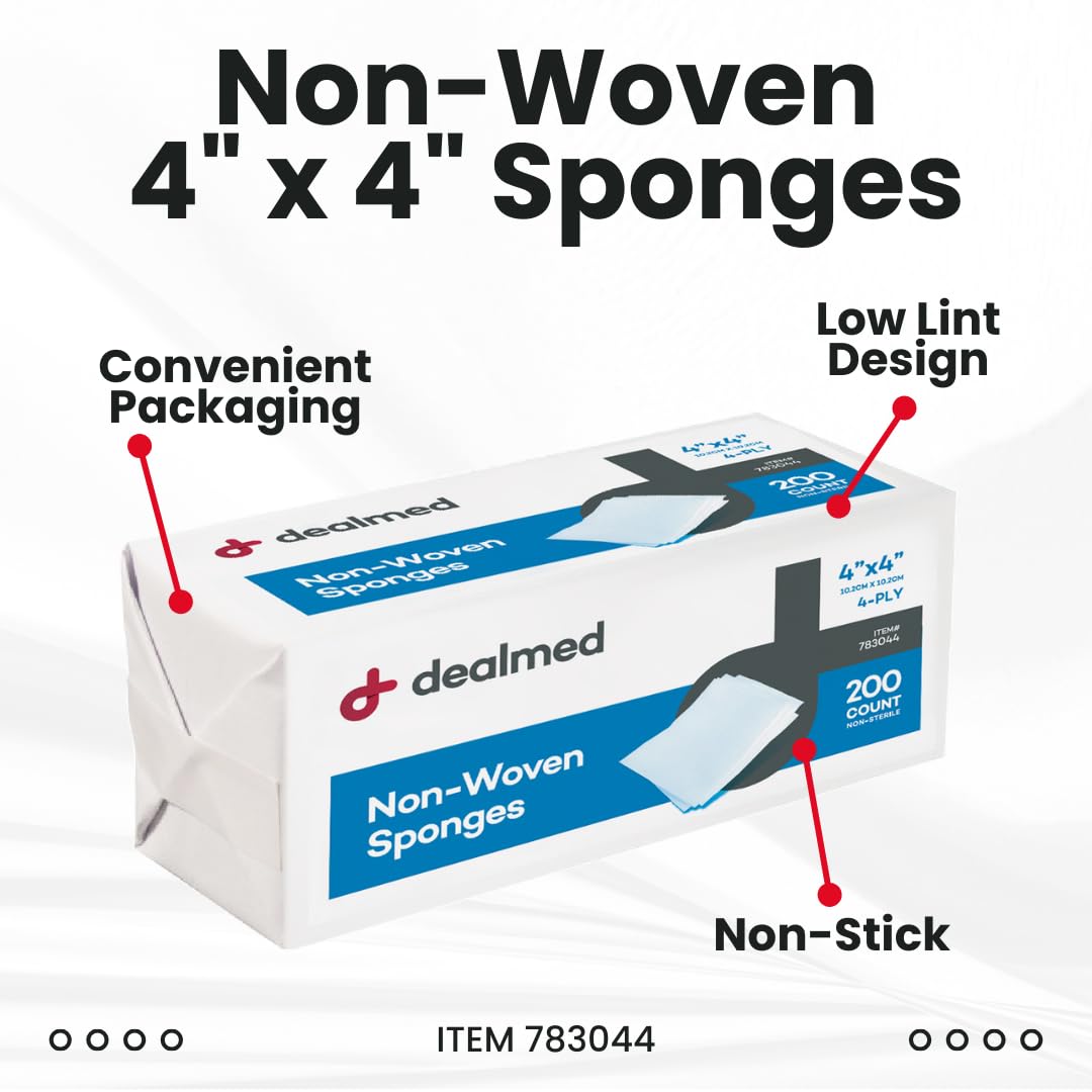 Dealmed Non-Woven Gauze Sponges - 4-Ply, 4" x 4" All-Purpose Non-Sterile Absorbent Dental Gauze Wound Care for First Aid Kit/Medical Facilities, 200 Count (Pack of 1)