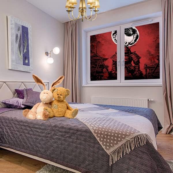 Japanese Samurai Window Film Abstract Vintage Samurai Blossom Dragon Full Moonstained Glass Window Film,Playroom Window Film,Nursery Window Film 35.4Wx78.7L-Inch X2Pcs