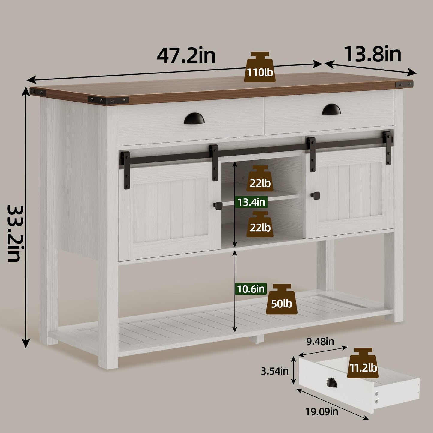 AntsandAnts Farmhouse Console Table with Sliding Barn Doors & 2 Drawers,Rustic Entryway Table for Living Room, Hallway, Foyer,Sofa Table with Adjustable Shelf & Open Storage, Industrial Design