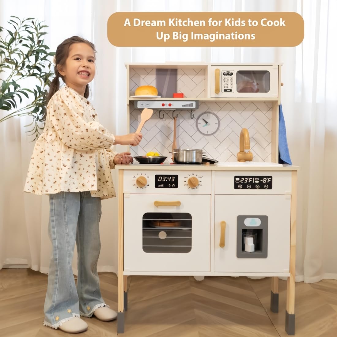 Freniland Wooden Play Kitchen, Kitchen Playset for Kids with Realistic Stove, Range Hood, Oven, Ice Maker, Microwave, Sink, with Light & Sound, 18 Accessories, Pretend Toy Kitchen, Gift for Ages 3+