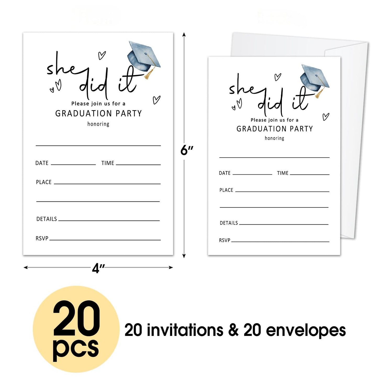 Graduation Invitations 2025 Graduation Party Invitations with Envelopes She Did It Grad Announcements Invite Card for High School, University, Masters Grad Celebration Party Supplies 20 Pack /03